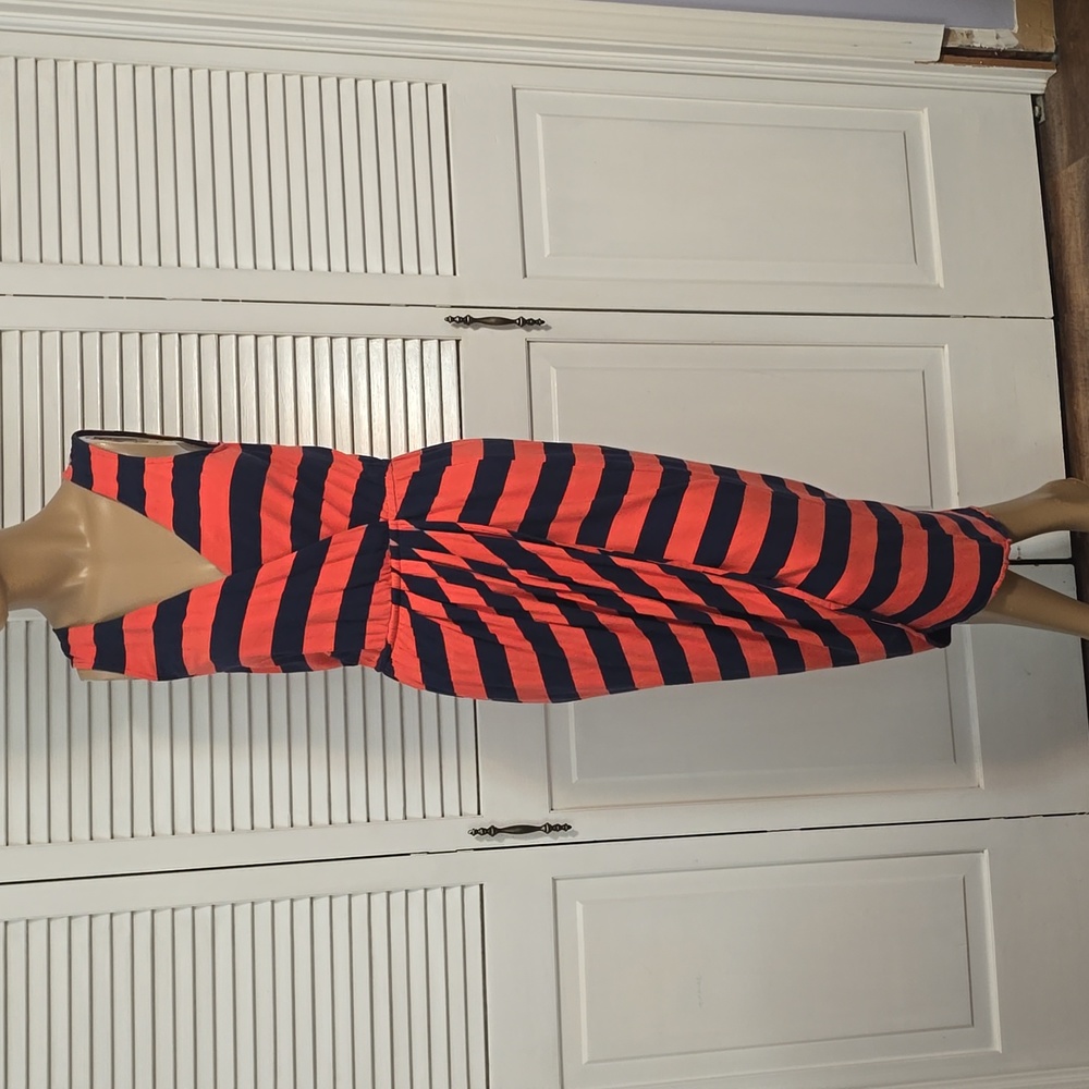 593 Lilla P Coral and Navy Striped Sleeveless Maxi Dress Minimalist Maxi Dress S